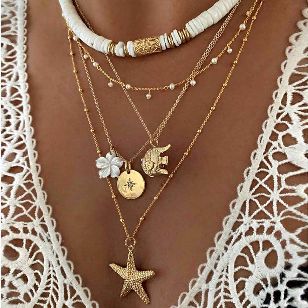 Boho Layered Starfish Shell Pendant Necklace Set